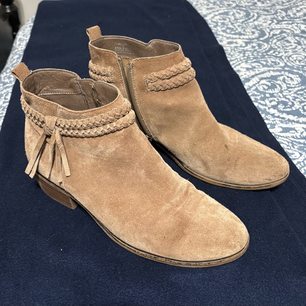 Suede Braided Ankle Boots in Tan size 8